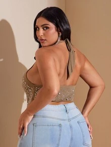 SHEIN BAE Plus Size Women Rhinestone & Pearl Decor Draped Neck Top,Chocolate Brown,Summer,70's,Night Out Club,Party, Elegant Formal Wedding Guest Dressy Top - Khaki - View 3