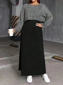 SHEIN Essnce 大码女装春秋季时尚休闲宽松舒适基础款日常灰色长袖露脐上衣和黑色马甲长裙两件套，春季服装，连衣裙套装，曲线套装 - 黑色 - 查看 7