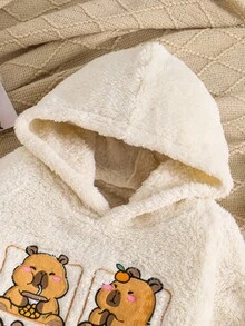 2 件套女童连帽长袖毛茸茸上衣，带有可爱动物刺绣和毛茸茸松紧腰紧身裤套装，休闲日常穿着，秋冬 - 杏色 - 查看 3