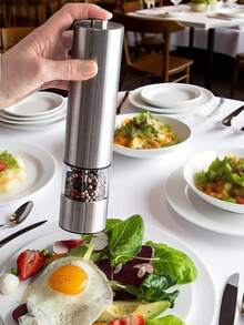 JMMO 1 件电动盐和胡椒研磨机，自动单手操作可调节不锈钢研磨机，自动胡椒研磨机，电子可调节胡椒研磨机，适用于厨房工具（不含电池） - 銀色 - 查看 3