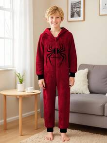 Boys Burgundy Spider Graphic Hooded Long Sleeve One-Piece Pajamas With Zipper Warm And Cozy Sleepwear For Kids Fall Winter - Burgundy - View 7