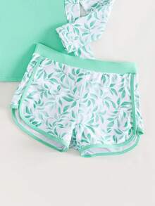 Tween Girl Plant Print Zipper Front Tankini Summer Beach