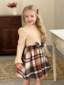LMoss Kids LMoss 女童纯色针织拼接格子休闲连衣裙，女童法式格子裙，女童秋季法式连衣裙，儿童秋季连衣裙，舒适秋冬款式，长袖连衣裙，圣诞连衣裙，冬季服装，冬季连衣裙 - 彩色 - 查看 3