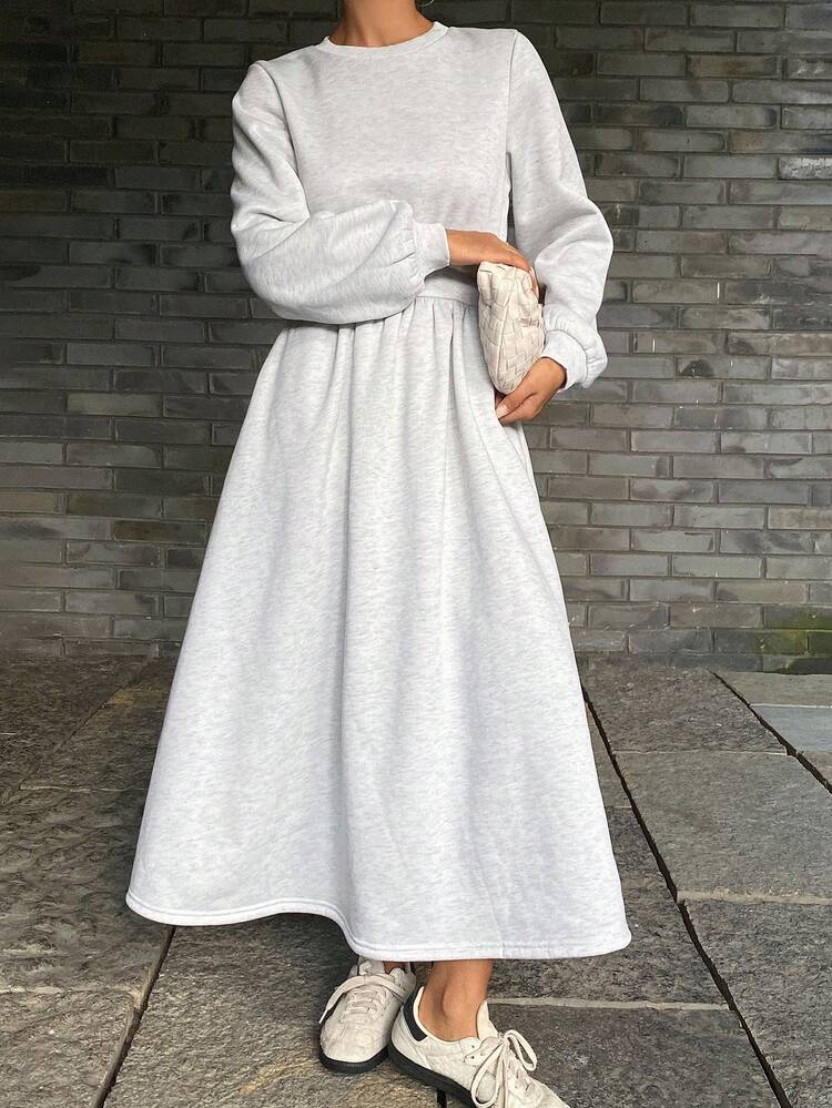 Women's Casual Solid Color Round Neck Mid-Length Dress, Autumn
