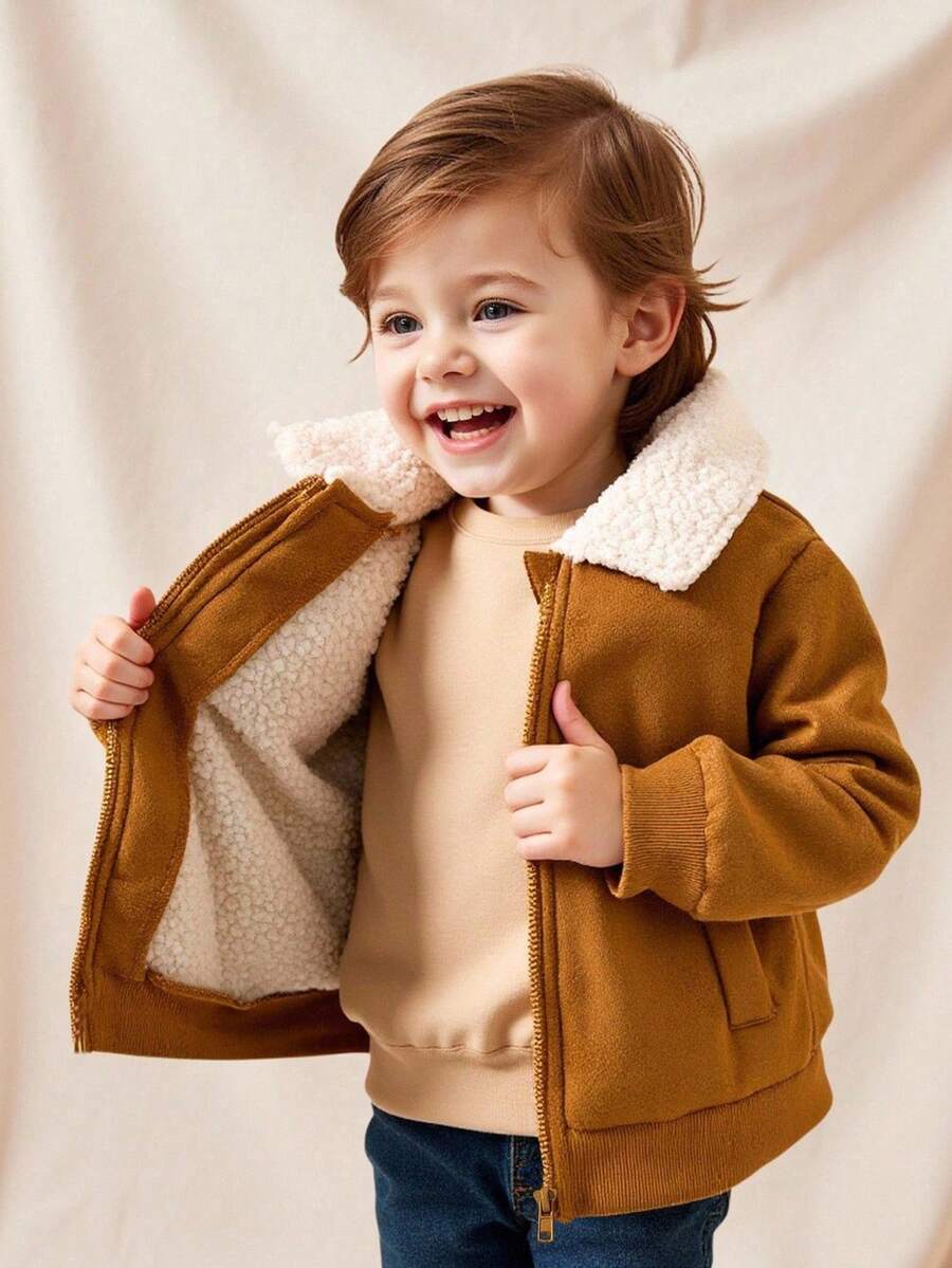 SHEIN Vintaside Kids 1 件婴儿男童羊毛夹克，加厚毛绒冬季婴儿外套，秋冬