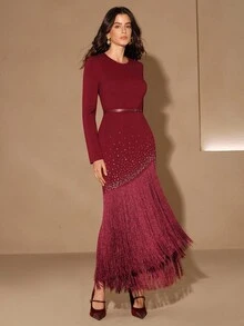 Anewsta Autumn/Winter Women's Elegant Tassel Rhinestone Fitted Knit Dress, Suitable For Party, Going Out, Formal Occasions - Burgundy - View 3