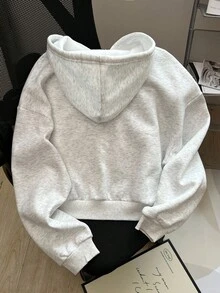 INAWLY Sudadera casual con capucha con cordón, de unicolor y manga larga con cremallera, para otoño/invierno - Gris - Ver 2