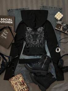 Glowzi 少女休闲前拉链修身卫衣T恤，适合秋冬季节，复古印花，十字印花，秋季款