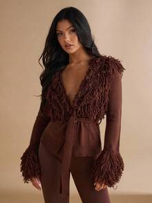 Silquee Damen Lässig einfarbige Langarm Bindegürtel Strickjacke Ausgehoberbekleidung, Büro Fransentops, Musik Festival Tops, Taille raffende Tops und Ausgehtops für Herbst/Winter - Braun - Übersicht 5