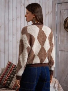 EMERY ROSE Suéter casual de estilo occidental a cuadros multicolor con diamantes de LanaWest para mujer - Marrón - Ver 2