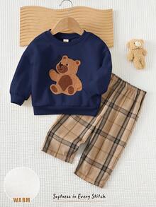Cozy Pixies 2pcs Baby Boy Cartoon Bear Pattern Knit Soft Crew Neck Long Sleeve Pullover Sweatshirt And Elastic Waist Ankle Length Pants Set Fall Winter - Navy Blue - View 3