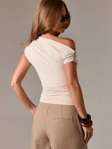 AiiRZ Off Shoulder Ruched Asymmetric Top With Short Sleeves For Casual Everyday Wear