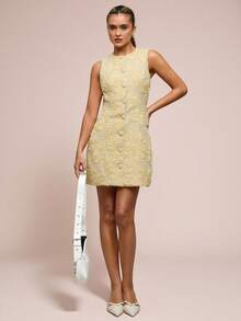 SHEIN BAE Autumn/Winter Women's Textured Floral Jacquard Round Neck Sleeveless Elegant A-Line Suit Dress, Yellow Dress, Yellow Textured Fabric Dress, Party Yellow Dress - Green - View 1