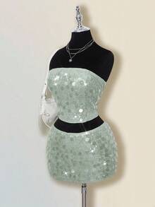 SHEIN ICON Váy khiêu vũ dự tiệc cá nhân phong cách thiên niên kỷ Y2K đơn giản cổ điển lớn đính sequin thời trang hiện đại dành cho nữ Áo ống ôm sát Chân váy ngắn cạp thấp hông Bộ đồ màu xanh lá cây - màu xanh lá - Xem 6