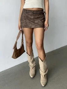 Aloruh Women's Tie-Dye Waist Belt Design Western Style Fashion Short Skirt,Brown Skirt, Fall For Women,Autumn For Women,Going Out,PU,Stylish And Simple Commuting And Casual,Y2K,Coffee Color Mini Skirt,Back To School - Brown - View 4