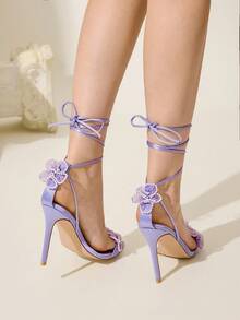 CUCCOO CHICEST 女士尖头系带花卉串珠高跟凉鞋，优雅甜美浪漫性感紫色网眼细高跟鞋，适合茶会、约会、时尚派对、节日、生日、万圣节的正式礼服鞋 - 紫色 - 查看 6