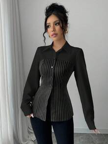 Elenzga 时尚通勤单排扣条纹拼布衬衫 - 黑與白 - 查看 4