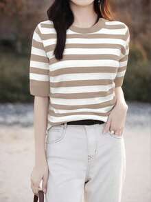EMERY ROSE Women's Casual Striped Round Neck Short Sleeve Knit Top, Autumn - Khaki - View 3