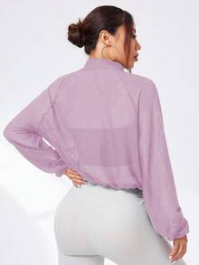 Sovereign Charm 女式高领透明性感夹克，带口袋，休闲运动跑步健身户外活动长袖夹克 - 紫色 - 查看 2
