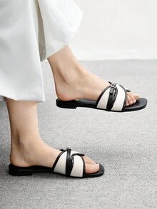 CUCCOO BIZCHIC 女士时尚黑色简约搭扣拼色平底凉鞋 - 黑色 - 查看 3