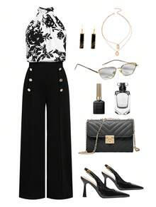 Ellevyn 大码印花无袖上衣和黑色阔腿裤优雅两件套 - 黑色 - 查看 2