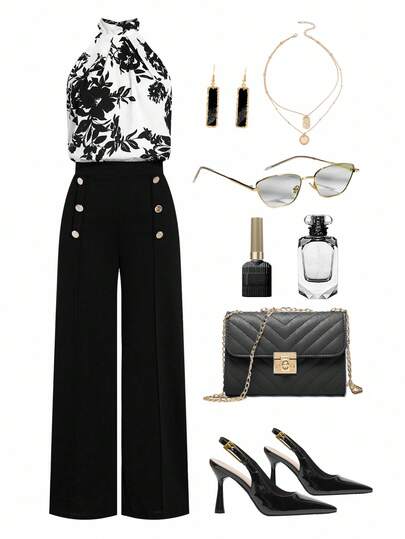 Ellevyn 女士优雅通勤花卉印花吊带上衣和纯色裤子两件套