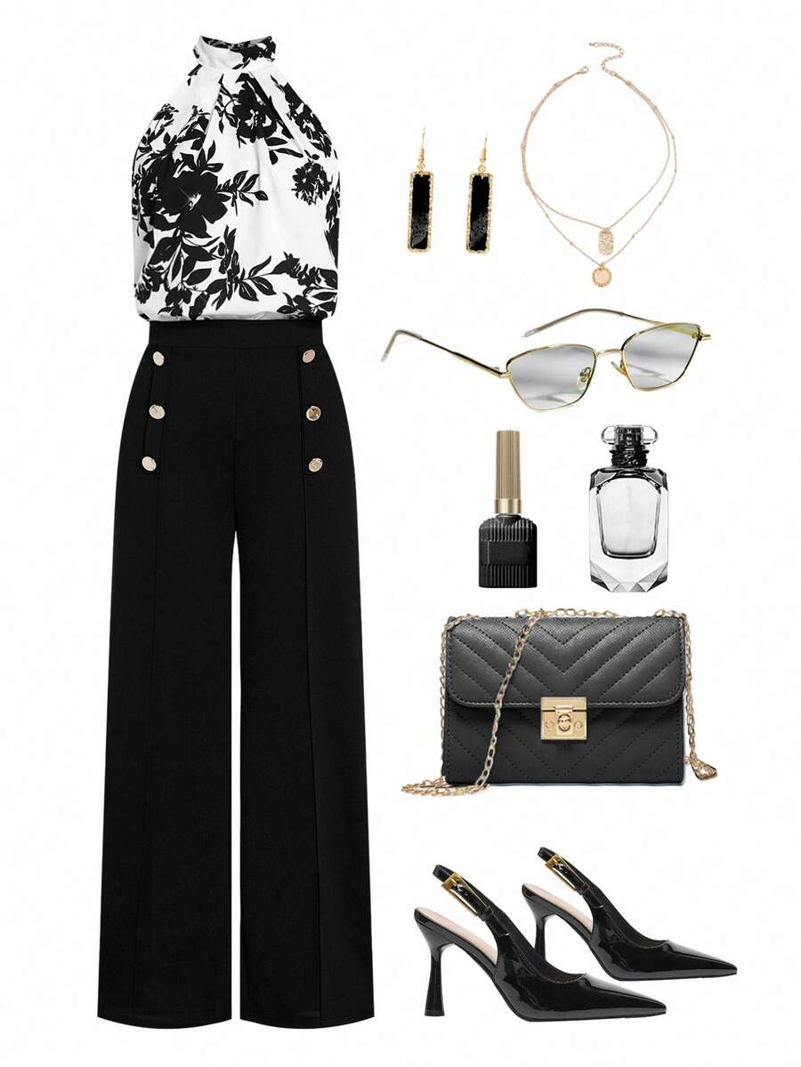 Ellevyn 大码印花无袖上衣和黑色阔腿裤优雅两件套