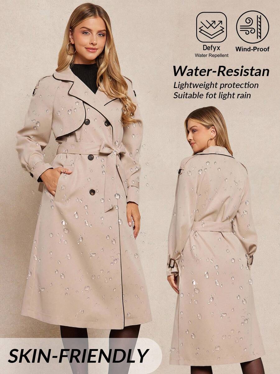 Amorya Women's Elegant Apricot Color-Block Pocket Mid-Length Trench Coat, Suitable For Daily Commute And Versatile Occasions, Autumn Trench Coats Autumn Outfits For Women   Women's Winter Coat  Chic Women's Jacket