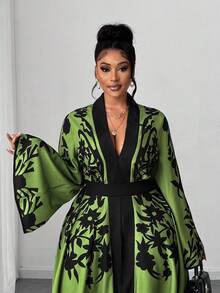 Maweii 大码优雅派对植物印花喇叭袖连衣裙 - 綠色 - 查看 6