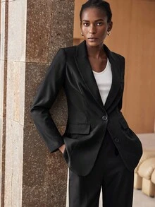 Maija Bộ đồ công sở 2 mảnh màu đen trơn thời trang tối giản thoải mái khi đi làm hàng ngày, trang phục chuyên nghiệp, áo khoác dài tay và quần ống rộng có khóa kéo, cạp chun thoải mái, thường ngày cho công sở - màu đen - Xem 11