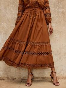 SHEIN Privé VITNOS Women's Elegant Autumn Skirt,All Shades Of Brown Bohemian Drawstring Waist Contrast Lace Ruffle Hem,Vintage Victorian Style For Tea Party - Brown - View 3