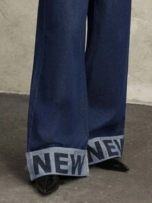 Jeanoix 女士时尚 Y2K 新年字母休闲牛仔裤 - 深色水洗藍 - 查看 6