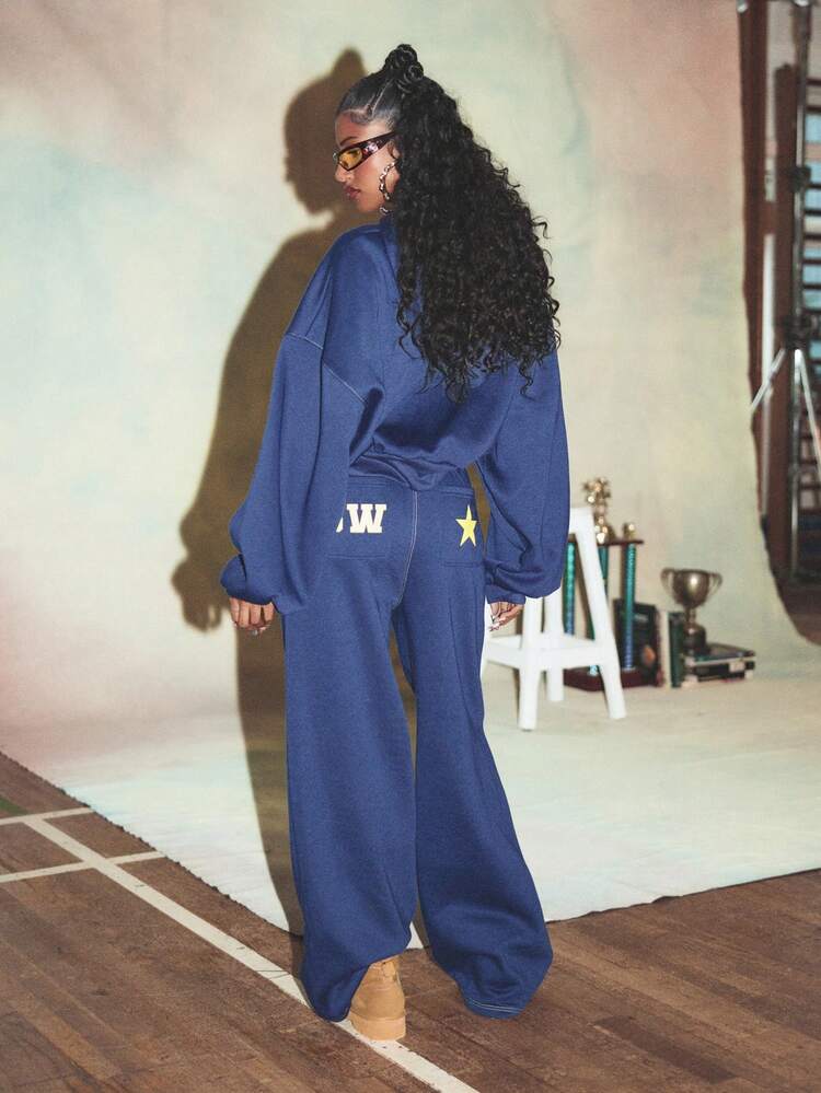 SUMWON WOMEN Oversized University Letter Print Wide Leg Joggers Casual Sweatpants With Contrast Drawstring Fall Winter Loungewear Streetwear Bottoms