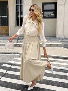SHEIN Frenchy Chân váy midi xếp ly thanh lịch cạp cao màu trơn dành cho nữ, mùa thu - Màu be - Xem 3