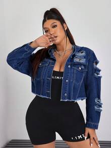SHEIN EZwear 冬季加大码女式休闲做旧牛仔连帽短外套 - 深色水洗藍 - 查看 6