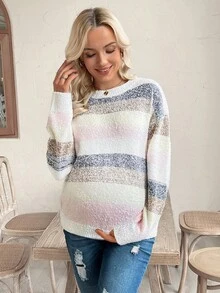SHEIN Maternity Drop Shoulder Striped Casual Knit Pullover Sweater - Multicolor - View 1