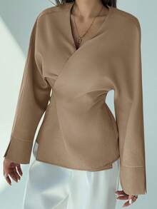 Aloruh Women's Solid Color Cross-Wrap Long Sleeve Fashionable Waist Shirt