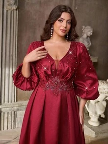 Aureia 加大码优雅浪漫深 V 领勃艮第长袖泡泡腰褶饰花卉珍珠和水钻装饰长款礼服 - 紅色 - 查看 2