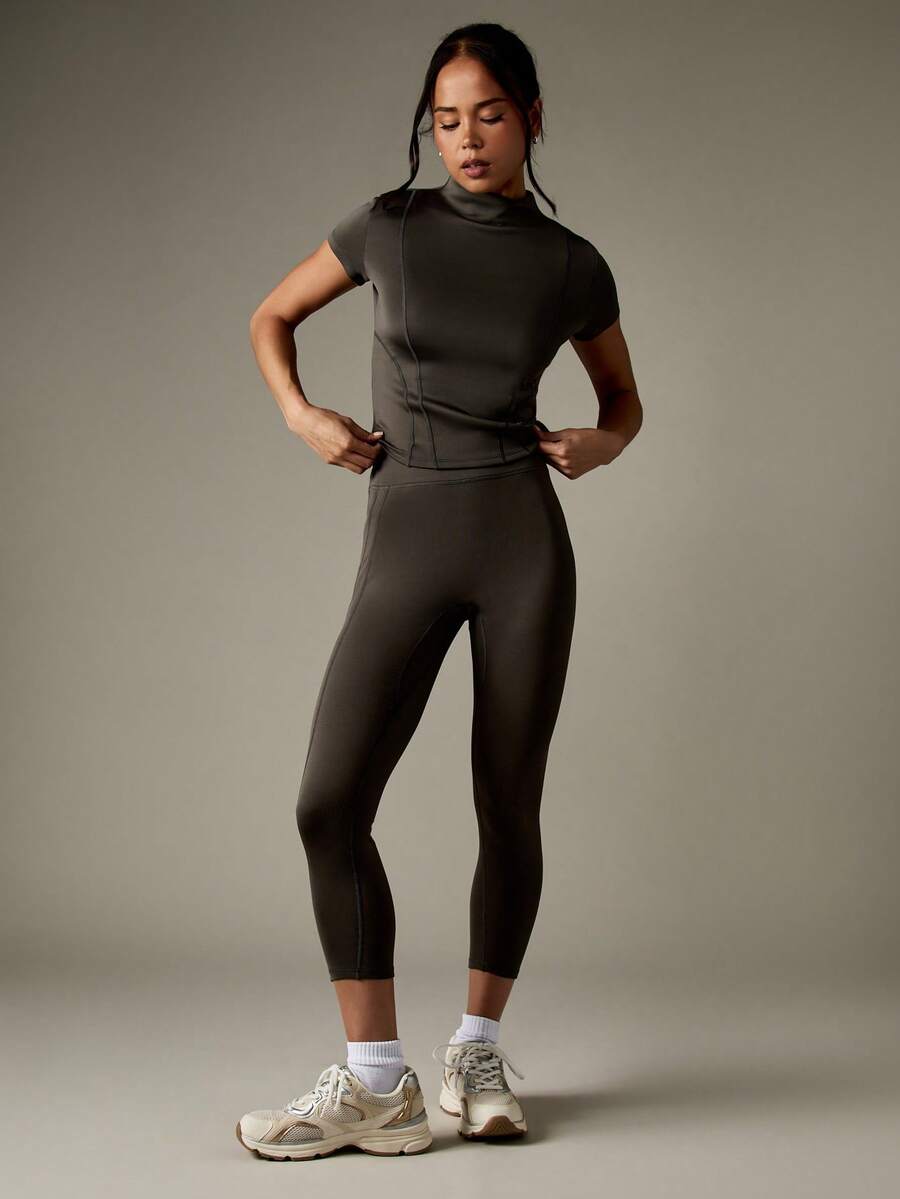 MISSGUIDED Active Workout Two Piece Set High Neck Short Sleeve Top And High Rise 7/8 Length Leggings Sculpting Fitness Training Yoga Wear Compression Set - Grey - View 1