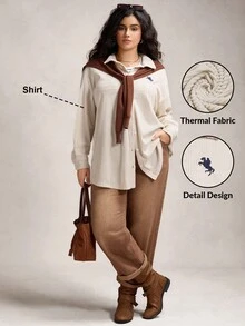 Zelara Plus Size Women Casual Versatile Embroidered Corduroy Shirt Chic Going Out - Apricot - View 1