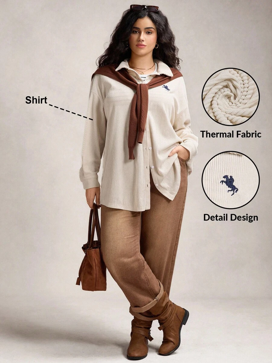 Zelara Plus Size Women Casual Versatile Embroidered Corduroy Shirt Chic Going Out - Apricot - View 1
