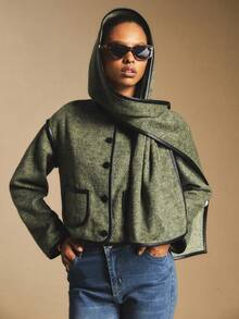 Poéselle Cappotto con profili a contrasto verde oliva con sciarpa, stile "old money", essenziale per il capsule wardrobe, idee autunnali, moda dark academia, cappotto chic preppy, cappotto corto da donna con bordi a contrasto, autunno/inverno - Verde militare - Visualizzare 5