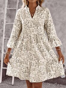 EMERY ROSE 女式花卉印花V领喇叭袖休闲迷你度假连衣裙 - 杏色 - 查看 3