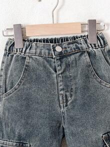 男童休闲宽松直筒撞色缝线工装牛仔裤 - 中等水洗藍 - 查看 5