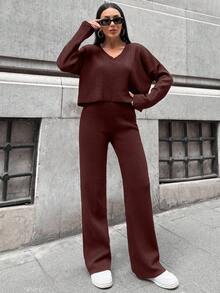 EURMUSE Cotton Women's Simple Solid Color Wide Ribbed Knit Two Pieces Set For Daily Wear - Brown - View 3