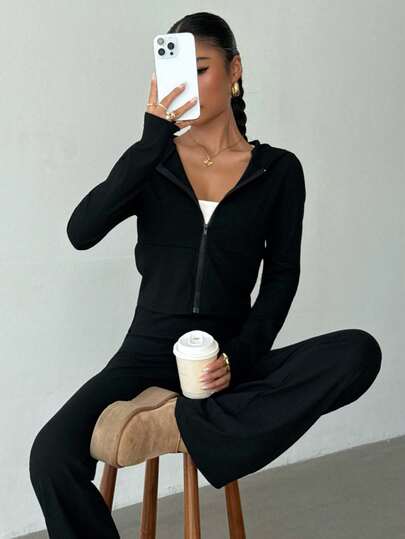 Teen Girl BLack Fleece Ribbed Texture Zip Up Cropped Hoodie And Retro Flared Leg Pants All-Match Casual Sport Set For Women, Minimalist Essential Wardrobe, Autumn Fall Winter Teen Pants And Top Set