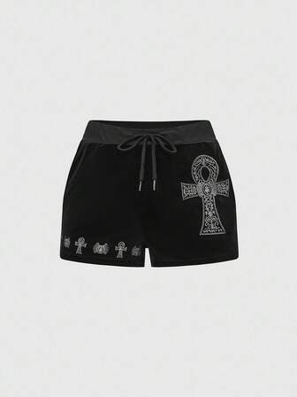 Goth Glamouröse palastartiger Strass, Rubin, Kristall Tränenform, Sonne, Schwert, Herz, Auge, Stern bestickte Samt Shorts, geeignet für Sommerfeste, Abschluss, Ball, Strandurlaub