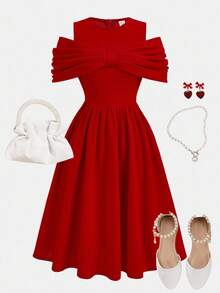 Pitira Teen Girls Partywear Pink Party Dress Big Twist Bow Wrap Midi Dress Bridesmaid Dress Elegant Formal Evening Prom Wedding Guest Dress Suitable For Graduation Ceremony, Dinner Party Dress, Spring Festival,Christmas, Halloween Fall Winter Red Teen Dress Junior Bridesmaids Dress Red Midi Dress Elegant Dress - Red - View 3