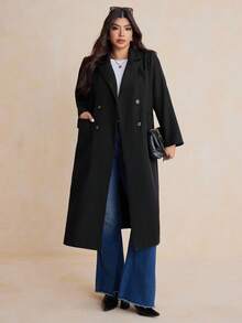 Dazy Plus Double-Breasted Solid Color Lapel Collar Long Fitted Long Sleeve Plus Size Women Casual Commuter Jacket Fall/Winter Women Coats - Black - View 4