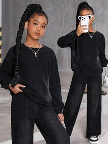 Tween GirlsLoose Denim Sweatshirt And Elastic Waist Straight Leg Jeans 2 Pieces Set, Casual And Fashionable For Spring/Autumn, Soft And Comfortable Material, Perfect For Holidays And Outings Fall Winter - Black - View 3